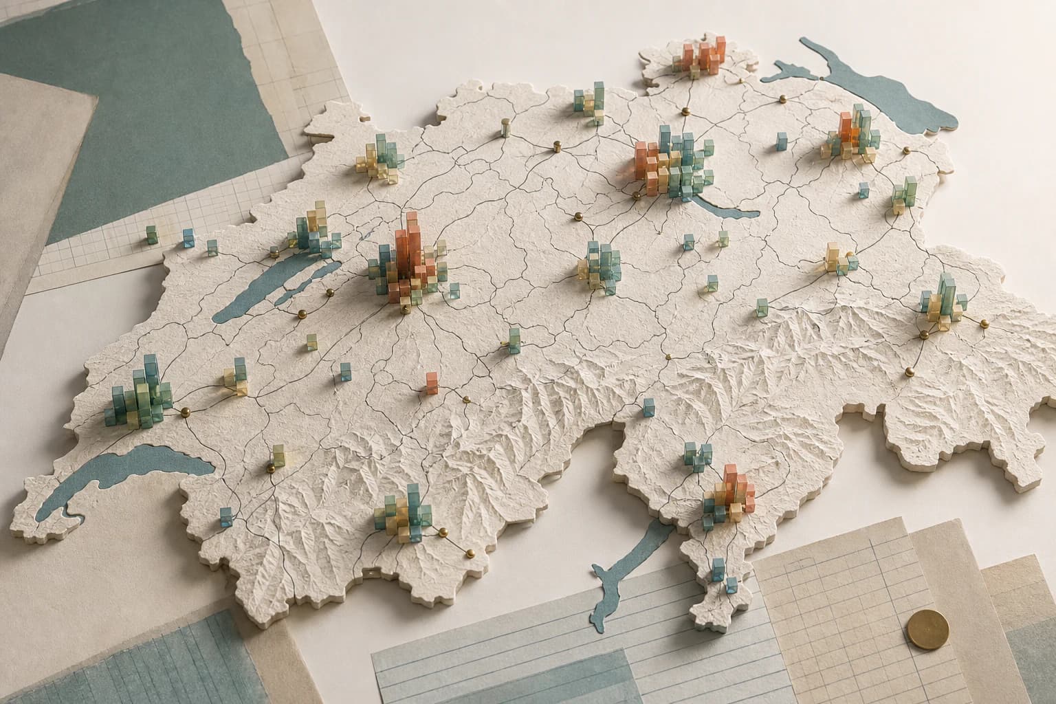 Editorial paper map of Switzerland with colored markers representing registered-company clusters.